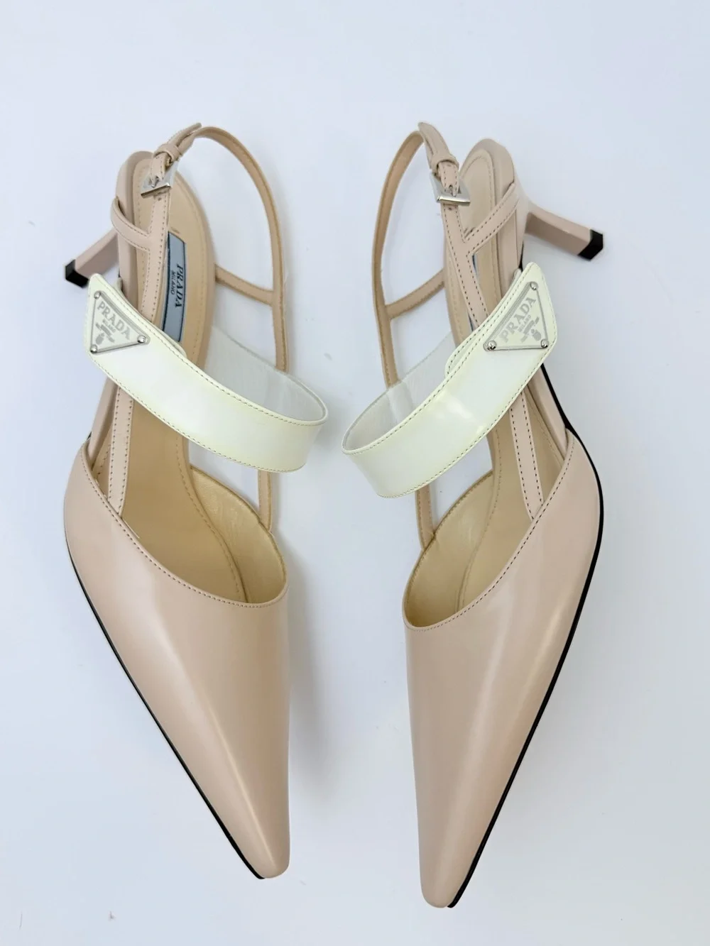 Prada Triangle Logo Mary Jane Slingback Nude Ivory Leather Heel pumps EU 38.5